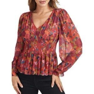 DR2 Daniel Rainn Mesh Floral Babydoll Top Sz. XS Orange Red Peplum Smocked Y2K